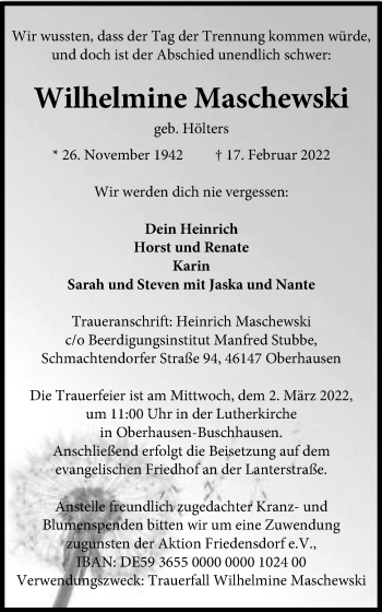 Traueranzeige von Wilhelmine Maschewski von WVW Anzeigenblätter
