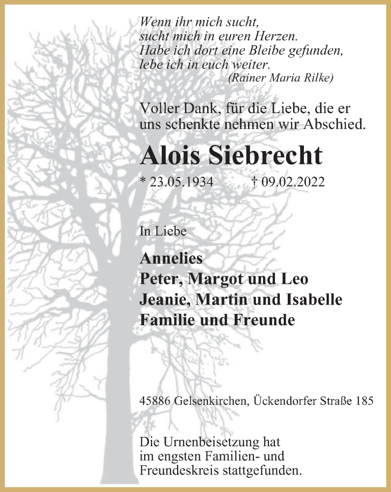  Traueranzeige für Alois Siebrecht vom 12.03.2022 aus WVW Anzeigenblätter