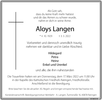 Traueranzeige von Aloys Langen von WVW Anzeigenblätter