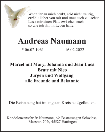 Traueranzeige von Andreas Naumann von WVW Anzeigenblätter