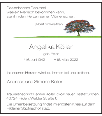 Traueranzeige von Angelika Köller von WVW Anzeigenblätter