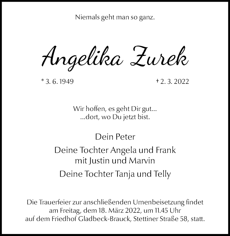  Traueranzeige für Angelika Zurek vom 12.03.2022 aus WVW Anzeigenblätter