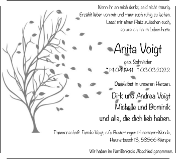 Traueranzeige von Anita Voigt von WVW Anzeigenblätter
