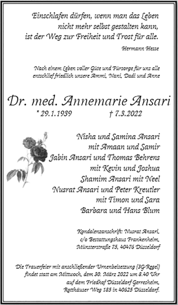 Traueranzeige von Annemarie Ansari von WVW Anzeigenblätter