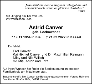 Traueranzeige von Astrid Canver von WVW Anzeigenblätter