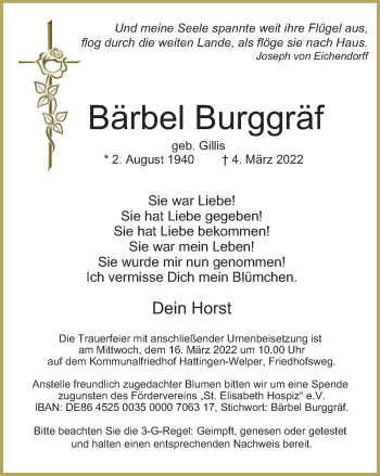 Traueranzeige von Bärbel Burggräf von WVW Anzeigenblätter
