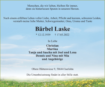 Traueranzeige von Bärbel Laske von WVW Anzeigenblätter