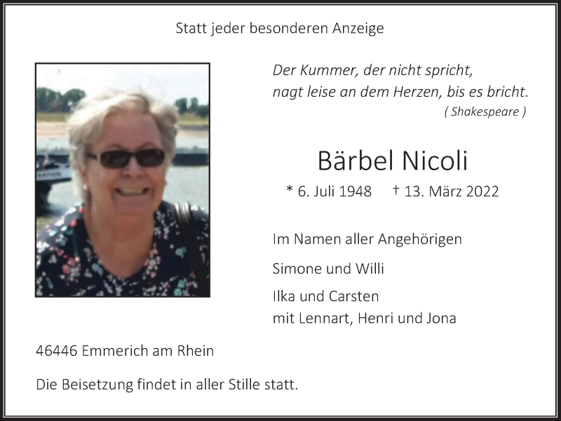  Traueranzeige für Bärbel Nicoli vom 26.03.2022 aus WVW Anzeigenblätter