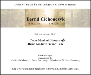 Traueranzeige von Bernd Cichonczyk von WVW Anzeigenblätter