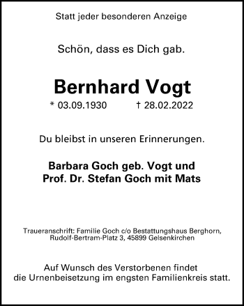 Traueranzeige von Bernhard Vogt von WVW Anzeigenblätter