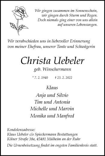 Traueranzeige von Christa Uebeler von WVW Anzeigenblätter