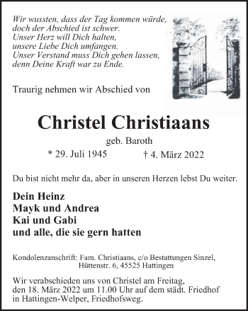 Traueranzeige von Christel Christiaans von WVW Anzeigenblätter