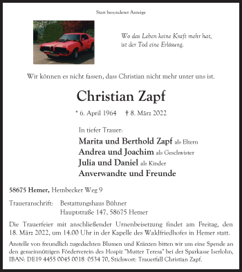 Traueranzeige von Christian Zapf von WVW Anzeigenblätter