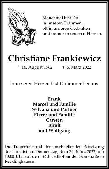 Traueranzeige von Christiane Frankiewicz von WVW Anzeigenblätter