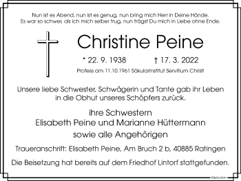 Traueranzeige von Christine Peine von WVW Anzeigenblätter