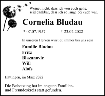 Traueranzeige von Cornelia Bludau von WVW Anzeigenblätter