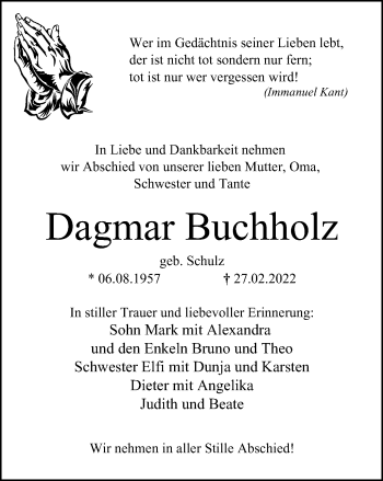 Traueranzeige von Dagmar Buchholz von WVW Anzeigenblätter