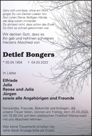 Traueranzeige von Detlef Bongers von WVW Anzeigenblätter