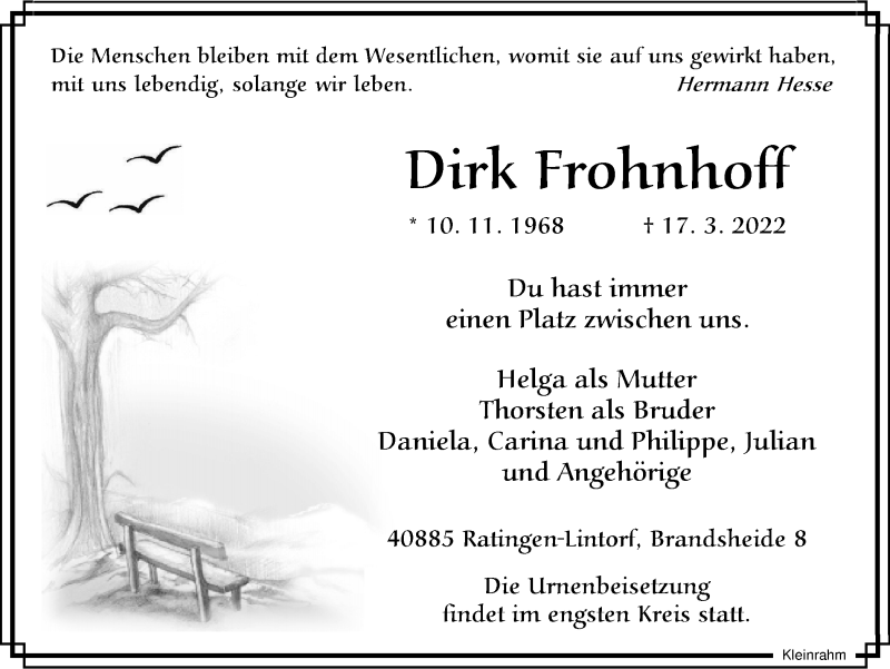  Traueranzeige für Dirk Frohnhoff vom 26.03.2022 aus WVW Anzeigenblätter