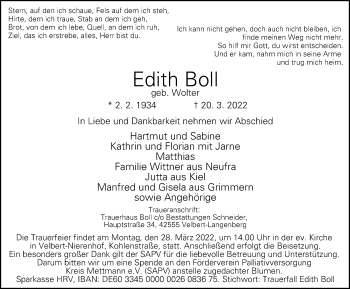 Traueranzeige von Edith Boll von WVW Anzeigenblätter