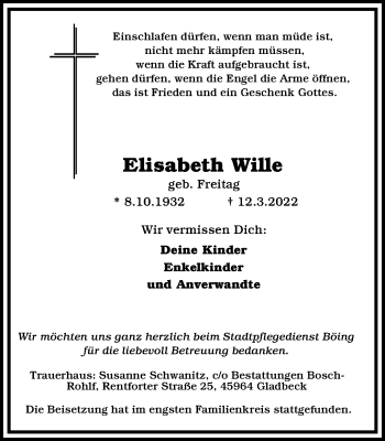 Traueranzeige von Elisabeth Wille von WVW Anzeigenblätter