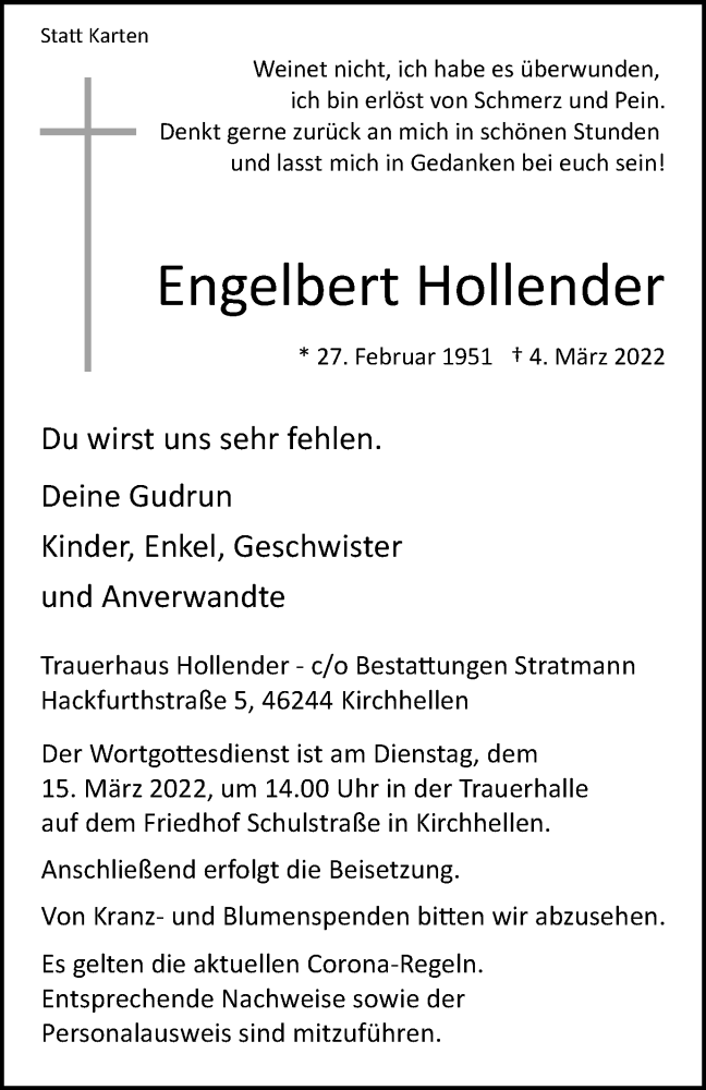  Traueranzeige für Engelbert Hollender vom 12.03.2022 aus WVW Anzeigenblätter