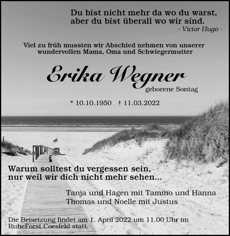  Traueranzeige für Erika Wegner vom 26.03.2022 aus WVW Anzeigenblätter