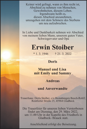 Traueranzeige von Erwin Stoiber von WVW Anzeigenblätter