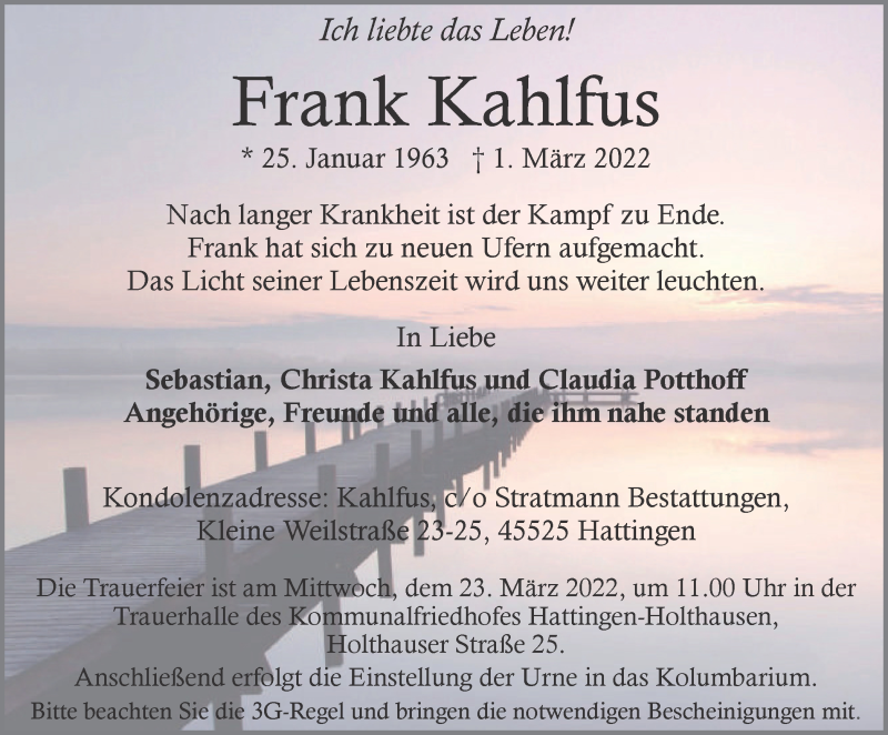  Traueranzeige für Frank Kahlfus vom 12.03.2022 aus WVW Anzeigenblätter