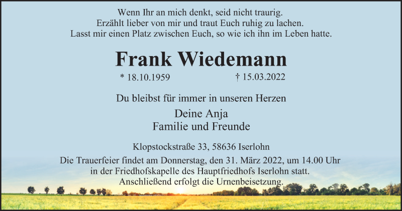  Traueranzeige für Frank Wiedemann vom 26.03.2022 aus WVW Anzeigenblätter