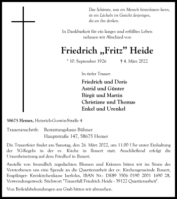 Traueranzeige von Friedrich Heide von WVW Anzeigenblätter