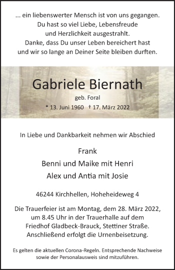 Traueranzeige von Gabriele Biernath von WVW Anzeigenblätter