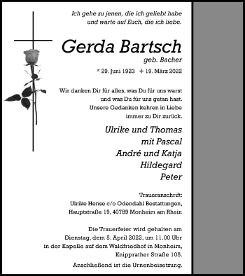 Traueranzeige von Gerda Bartsch von WVW Anzeigenblätter