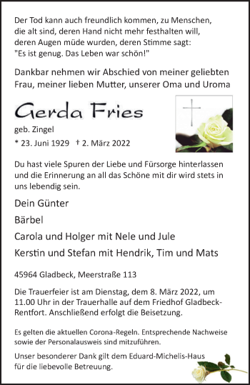 Traueranzeige von Gerda Fries von WVW Anzeigenblätter