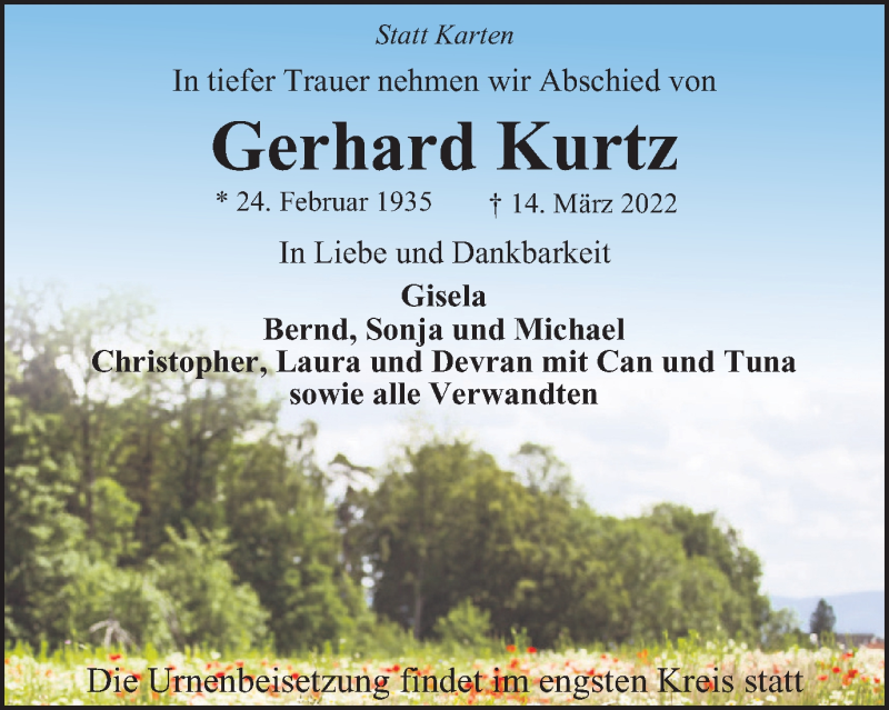  Traueranzeige für Gerhard Kurtz vom 26.03.2022 aus WVW Anzeigenblätter