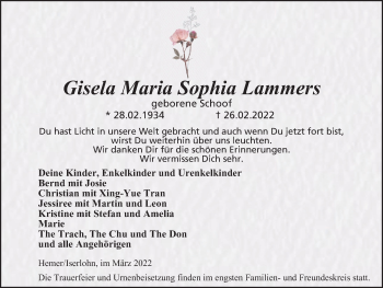 Traueranzeige von Gisela Maria Sophia Lammers von WVW Anzeigenblätter