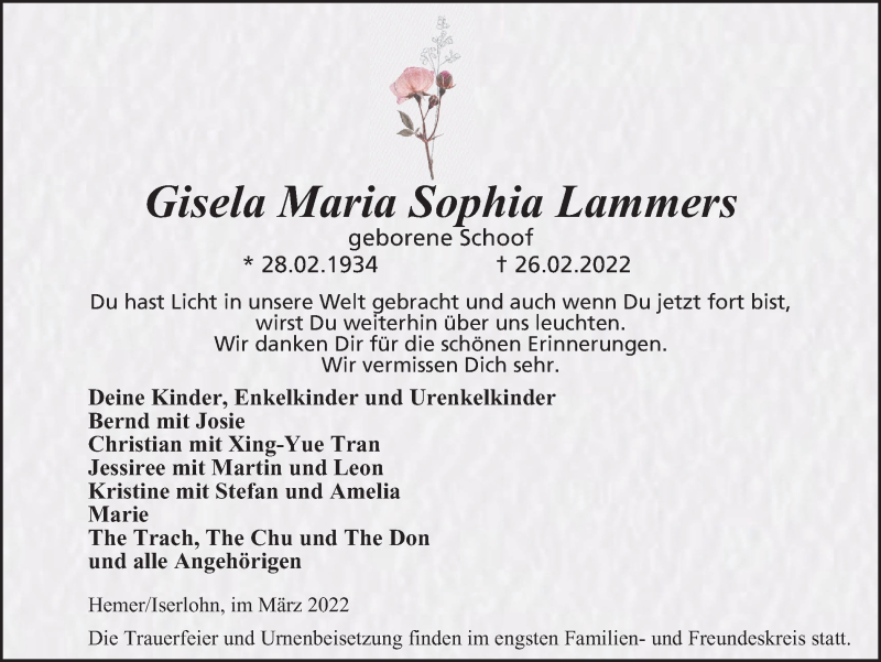  Traueranzeige für Gisela Maria Sophia Lammers vom 12.03.2022 aus WVW Anzeigenblätter