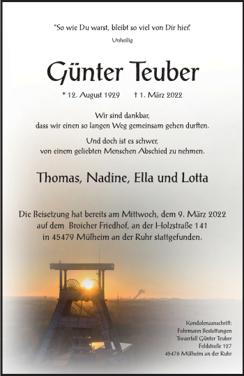 Traueranzeige von Günter Teuber von WVW Anzeigenblätter