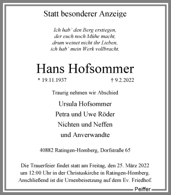 Traueranzeige von Hans Hofsommer von WVW Anzeigenblätter