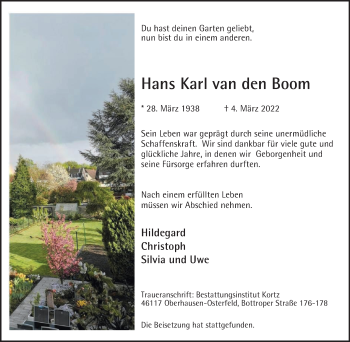 Traueranzeige von Hans Karl van den Boom von WVW Anzeigenblätter