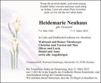 Traueranzeige von Heidemarie Neuhaus von WVW Anzeigenblätter