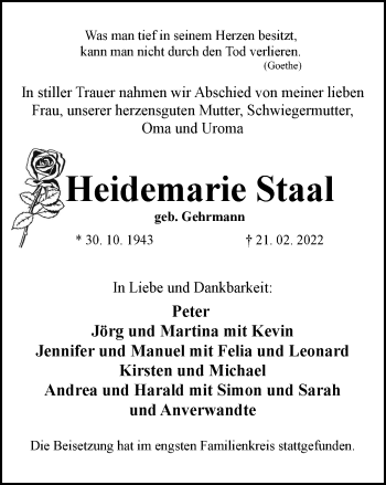 Traueranzeige von Heidemarie Staal von WVW Anzeigenblätter