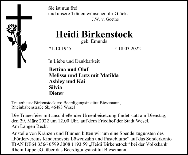  Traueranzeige für Heidi Birkenstock vom 26.03.2022 aus WVW Anzeigenblätter