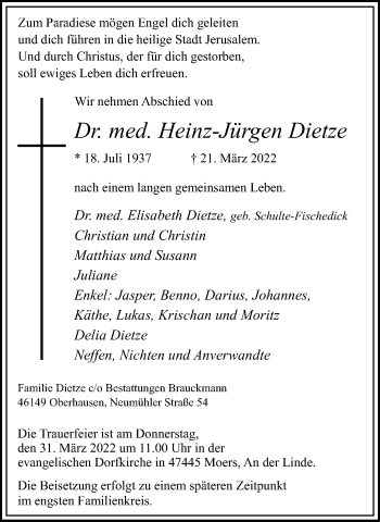 Traueranzeige von Heinz-Jürgen Dietze von WVW Anzeigenblätter