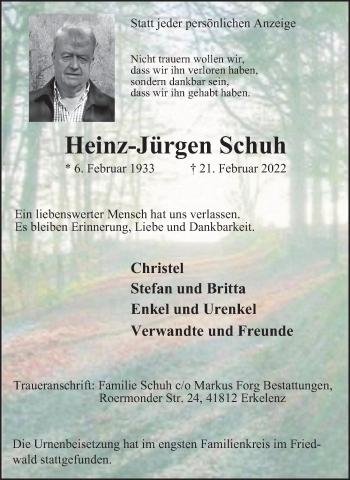 Traueranzeige von Heinz-Jürgen Schuh von WVW Anzeigenblätter