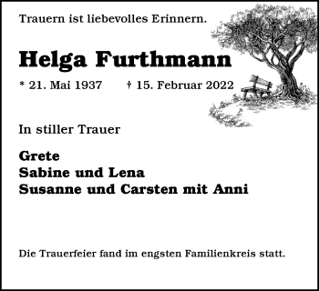 Traueranzeige von Helga Furthmann von WVW Anzeigenblätter