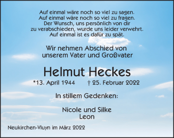 Traueranzeige von Helmut Heckes von WVW Anzeigenblätter