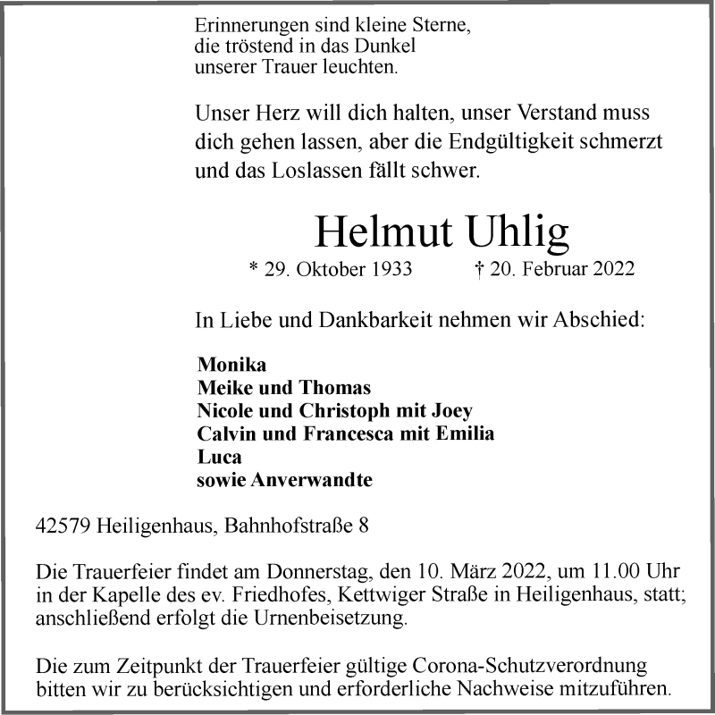  Traueranzeige für Helmut Uhlig vom 05.03.2022 aus WVW Anzeigenblätter