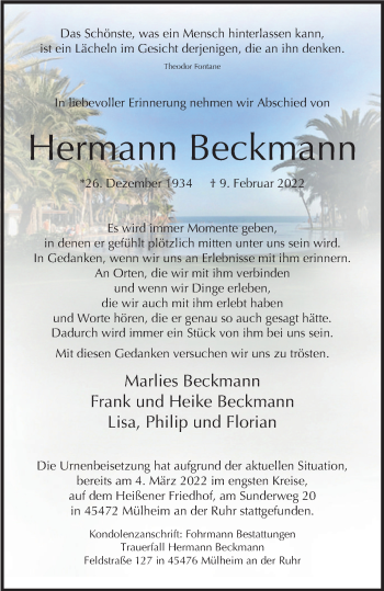 Traueranzeige von Hermann Beckmann von WVW Anzeigenblätter
