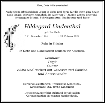 Traueranzeige von Hildegard Lindenthal von WVW Anzeigenblätter